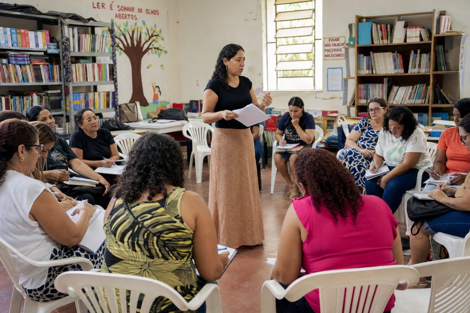 Educadoras de uma rede municipal reunidas em círculo na biblioteca da escola, com uma formadora conduzindo a conversa