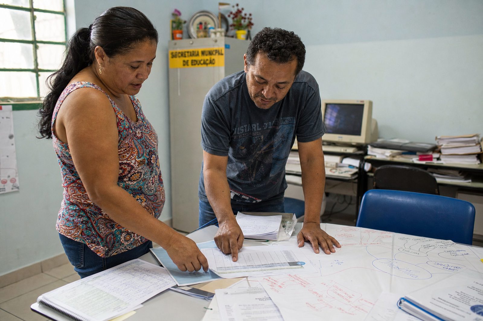 Duas profissionais de uma secretaria municipal de educação analisando planilhas e registros sobre a mesa